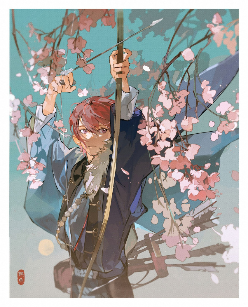 1boy archery arms_up arrow_(projectile) bangs beads border bow_(weapon) branch closed_mouth dappled_sunlight drawing_bow ensemble_stars! flower frown full_moon fur_trim gradient_sky highres holding holding_bow_(weapon) holding_weapon long_sleeves looking_away male_focus moon pink_flower plant quiver redhead robe short_hair shuyu08382645 sideways_glance sky solo sunlight suou_tsukasa upper_body violet_eyes weapon wind