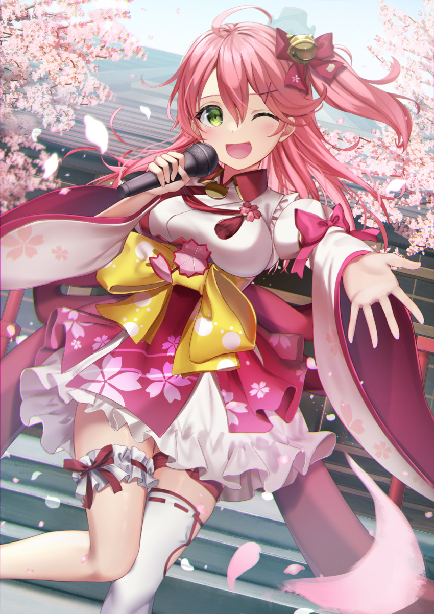 1girl bow breasts cherry_blossoms commentary_request floral_print gakuon_(gakuto) green_eyes happy highres holding holding_microphone hololive japanese_clothes kimono long_sleeves looking_at_viewer medium_breasts medium_hair microphone music nontraditional_miko one_eye_closed one_side_up open_mouth outdoors pink_hair pink_skirt sakura_miko sash shrine singing skirt solo virtual_youtuber wide_sleeves yellow_bow yellow_sash