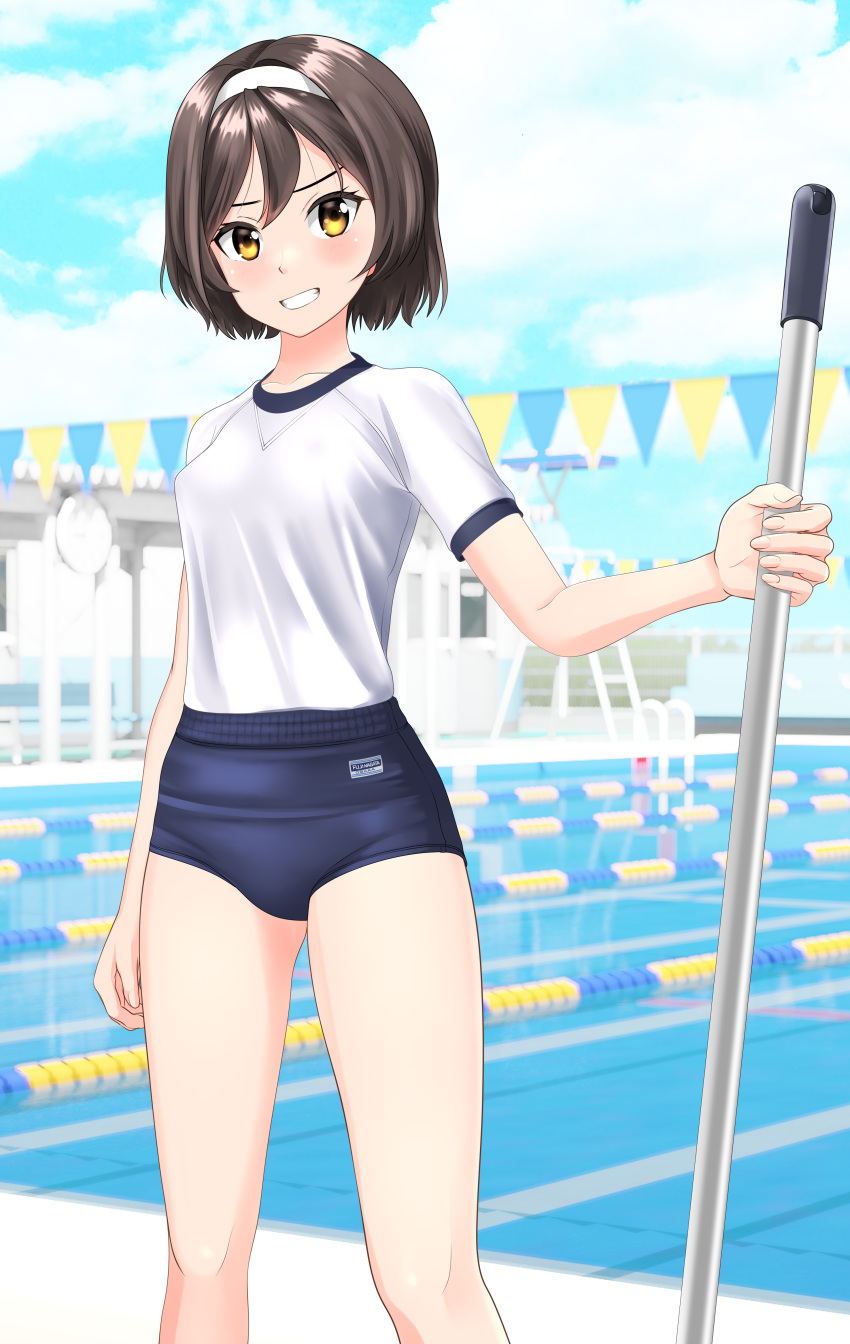 1girl absurdres black_buruma black_hair blue_sky buruma clouds commentary_request day fantia_commission feet_out_of_frame grin gym_shirt gym_uniform hairband highres kantai_collection lane_line looking_at_viewer mop outdoors pool shirt short_hair sky smile solo string_of_flags t-shirt takafumi tanikaze_(kancolle) upper_body white_hairband white_shirt yellow_eyes