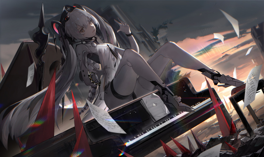 +_+ 1girl absurdres chair clouds cloudy_sky dark full_body hair_ornament highres instrument looking_at_viewer luna_(punishing:_gray_raven) mechanical_foot paper piano punishing:_gray_raven rainbow sitting sky spikes xiao_feng