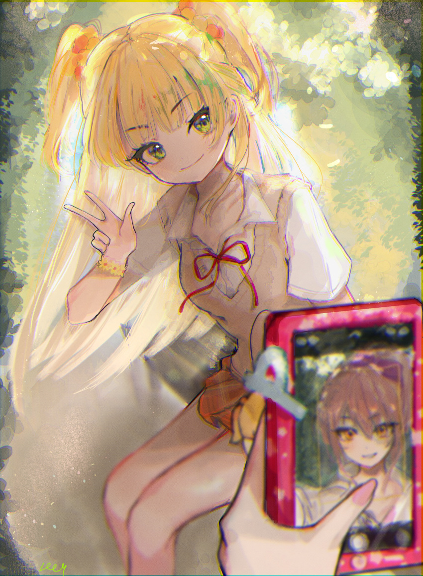 10_04ten absurdres blonde_hair feet gyaru highres holding holding_phone idolmaster idolmaster_cinderella_girls jougasaki_mika jougasaki_rika kogal looking_at_viewer miniskirt neck_ribbon on_bench open_collar phone pink_hair pov pov_hands ribbon school_uniform selfie sitting skirt smile taking_picture two_side_up viewfinder w you're_doing_it_wrong