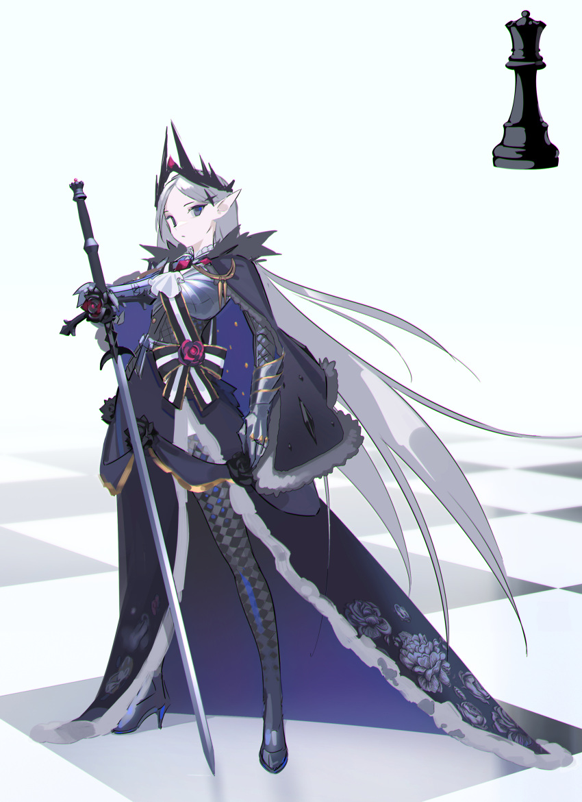 1girl absurdres argyle argyle_legwear black_eyes black_flower black_rose cape chess_piece chessboard closed_mouth crown flower gauntlets grey_hair high_heels highres holding holding_sword holding_weapon long_hair looking_at_viewer milim_nova original personification pointy_ears purple_skirt rook_(chess) rose skirt solo standing sword thigh-highs two-sided_cape two-sided_fabric very_long_hair weapon zweihander