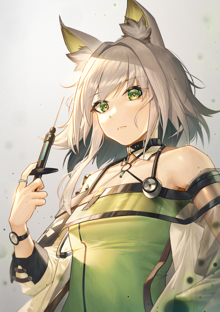 1girl absurdres animal_ear_fluff animal_ears arknights bangs bare_shoulders breasts buckle cat_ears closed_mouth coat collar collarbone dress eyebrows_visible_through_hair green_dress green_eyes grey_background grey_hair halter_dress halterneck highres holding holding_syringe jewelry kal'tsit_(arknights) long_sleeves looking_at_viewer mazel_(mazel_star) off_shoulder open_clothes open_coat oripathy_lesion_(arknights) ring short_hair simple_background small_breasts solo stethoscope syringe upper_body watch watch white_coat