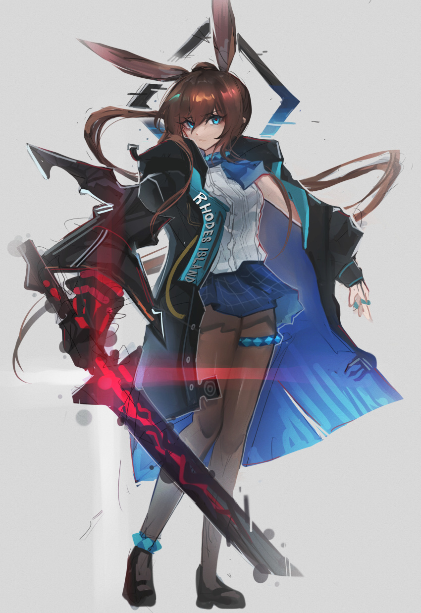 1girl absurdres amiya_(arknights) amiya_(guard)_(arknights) animal_ear_fluff animal_ears anklet arknights bangs black_coat black_footwear blue_choker blue_eyes blue_skirt brown_hair brown_legwear choker closed_mouth clothes_writing coat eyebrows_visible_through_hair full_body grey_background grey_shirt highres holding holding_sword holding_weapon jewelry kaguura_(kagu) lens_flare long_hair long_sleeves looking_at_viewer miniskirt multiple_rings open_clothes open_coat pantyhose ponytail rabbit_ears ring shirt shoes simple_background sketch skirt solo standing sword thighlet v-shaped_eyebrows weapon