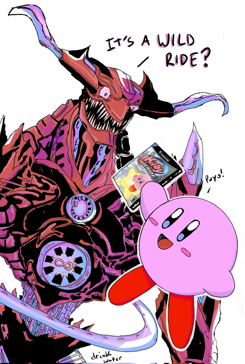1boy 1other ? artist_request blue_eyes blush blush_stickers crossover hat highres holding kirby kirby_(series) kirby_air_ride monster no_humans open_mouth simple_background smile white_background xenoblade_chronicles_(series) xenoblade_chronicles_3