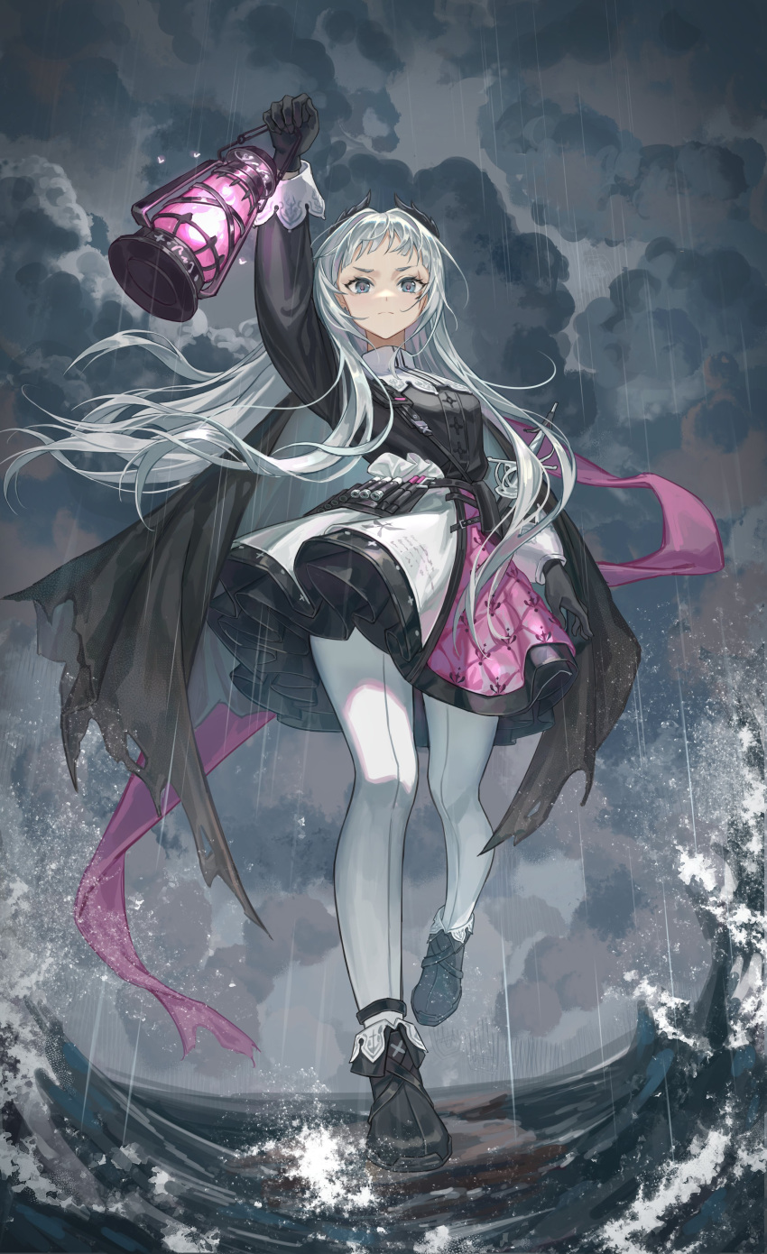 1girl absurdres ankle_boots arknights black_cape black_footwear black_gloves black_jacket boots cape changjiangwei13 closed_mouth clouds cloudy_sky earrings expressionless fire front-seamed_legwear full_body gloves grey_eyes grey_hair head_wings high-waist_skirt highres holding holding_lantern holding_sword holding_weapon irene_(arknights) jacket jewelry lantern layered_skirt long_hair long_sleeves looking_at_viewer ocean outdoors pantyhose pink_fire puffy_long_sleeves puffy_sleeves purple_skirt railing rain rapier scar scar_across_eye scar_on_face seamed_legwear sheath sheathed skirt sky solo standing sword very_long_hair violet_eyes walking water weapon white_legwear white_skirt