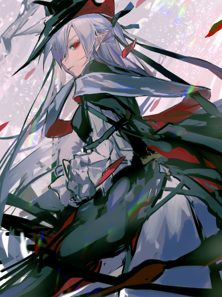 1girl absurdres arknights black_cape black_coat cape coat frilled_sleeves frills from_side gladiia_(arknights) gladiia_(return)_(arknights) hair_over_one_eye highres long_sleeves looking_at_viewer looking_to_the_side official_alternate_costume pointy_ears qingyan red_eyes solo thigh_strap white_hair