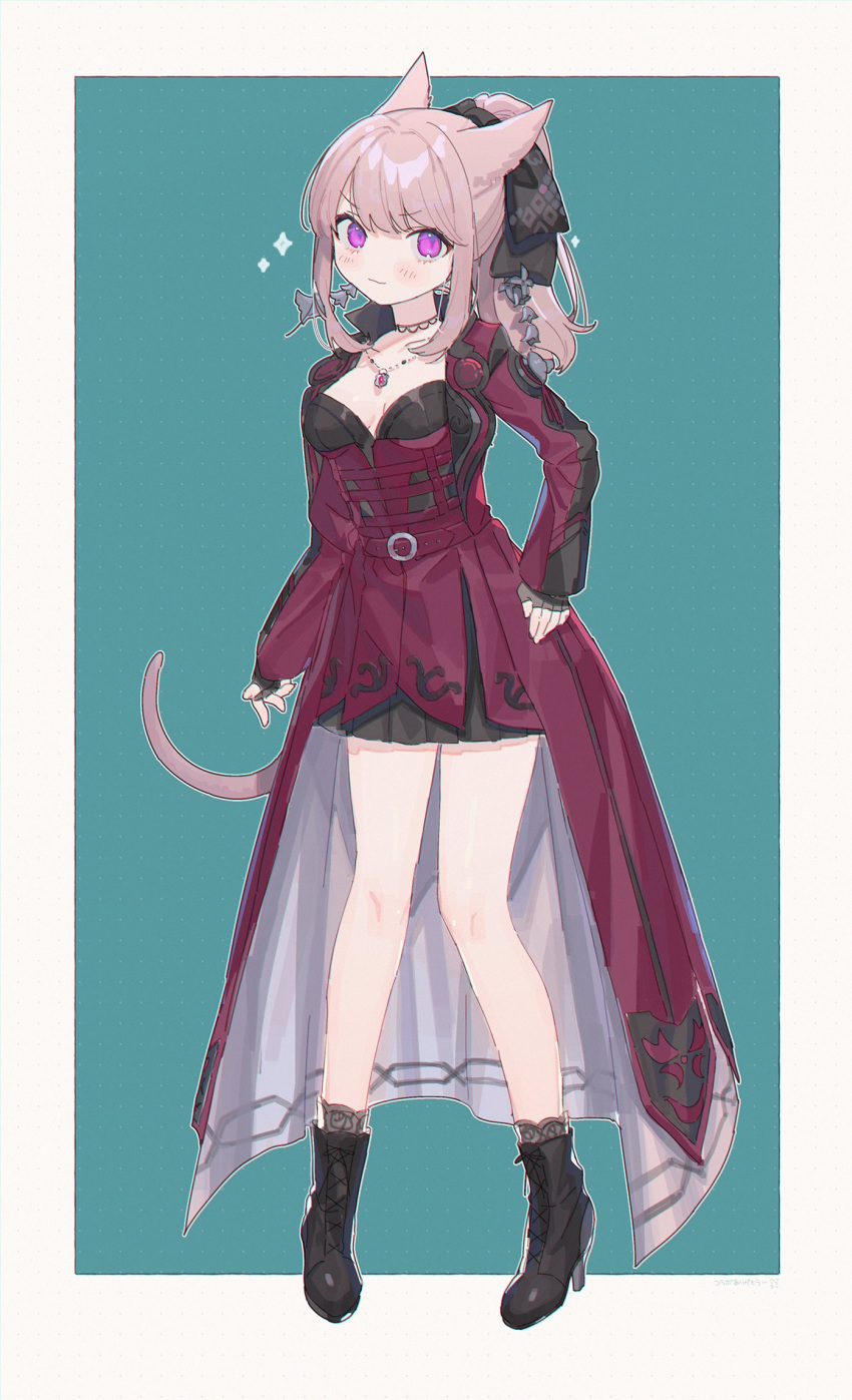 &gt;:) 1girl animal_ears avatar_(ff14) belt boots breasts cat_ears cat_tail coat dress final_fantasy final_fantasy_xiv fingerless_gloves full_body funa_(sakana) gloves highres jewelry light_brown_hair long_coat long_hair long_sleeves looking_at_viewer miqo'te open_clothes open_coat pendant pleated_skirt ponytail red_coat sketch skirt standing tail v-shaped_eyebrows violet_eyes