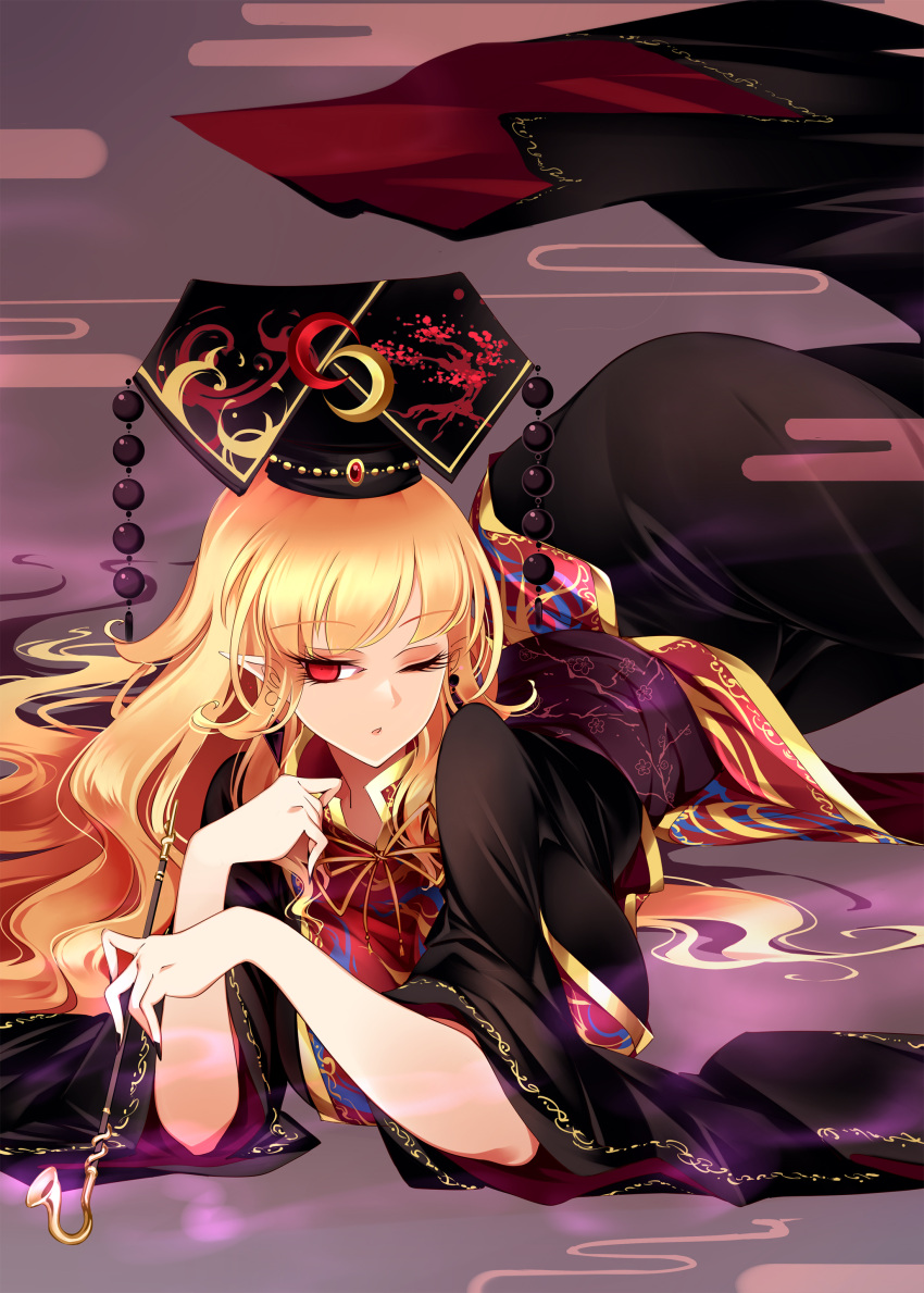 1girl absurdres black_dress black_headwear black_nails blonde_hair chinese_clothes dress egasumi eyebrows_visible_through_hair fingernails highres holding junko_(touhou) junko_day long_hair long_sleeves nail_polish one_eye_closed parted_lips phoenix_crown pointy_ears raptor7 red_eyes solo tabard touhou wide_sleeves