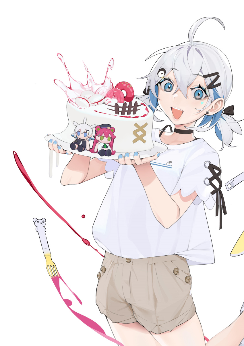 1girl absurdres ahoge blue_eyes blue_nails brown_shorts bs0 cake character_doll character_request choker colored_inner_hair earrings food fork grey_hair hair_behind_ear hair_ornament hairclip highres holding holding_plate jewelry low_twintails medium_hair multicolored_hair nijisanji open_mouth plate shirt shirt_tucked_in short_sleeves short_twintails shorts simple_background smile solo stud_earrings twintails upper_body virtuareal white_background white_shirt yua_(virtuareal)