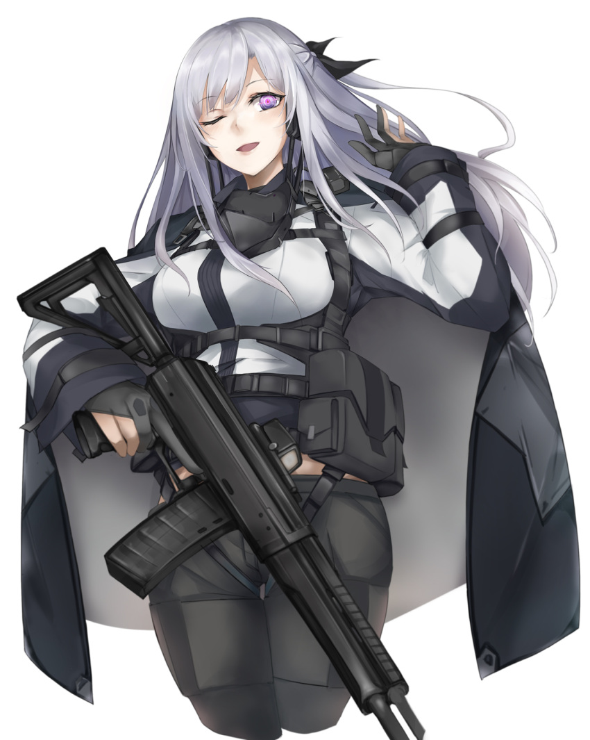 1girl ak-12 ak-12_(girls'_frontline) assault_rifle black_gloves black_pants breasts girls_frontline gloves grey_hair gun highres kalashnikov_rifle large_breasts long_hair long_sleeves magazine_(weapon) marche_mk14 one_eye_closed pants partially_fingerless_gloves rifle solo standing tactical_clothes violet_eyes weapon