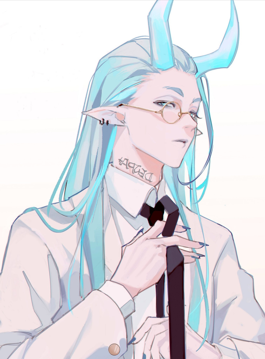 1boy aqua_hair aqua_horns artist_name bespectacled between_fingers black_necktie blue_hair blue_nails body_writing closed_mouth collared_shirt denpa0304 dressing earrings eyebrow_cut eyelashes eyeshadow fingernails formal glasses grey_lips hair_slicked_back half-closed_eyes hand_up highres jacket jewelry long_fingernails long_hair long_sleeves looking_at_viewer makeup male_focus nail_polish necktie pointy_ears round_eyewear shirt sideways_glance simple_background solo straight_hair suit the_legend_of_luo_xiaohei tying_tie upper_body white_background white_jacket white_shirt xuhuai_(the_legend_of_luoxiaohei)