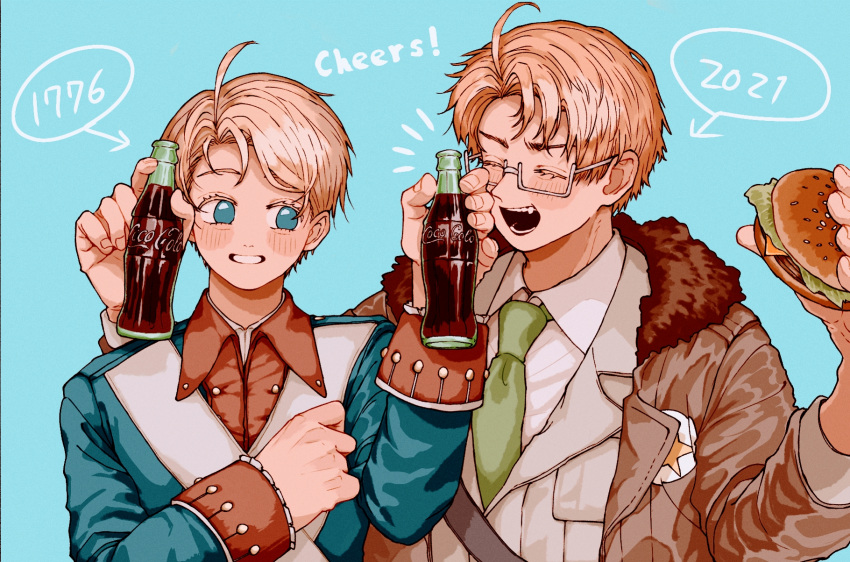 1776 2021 ahoge america_(hetalia) arm_around_shoulder axis_powers_hetalia bomber_jacket burger coca-cola dated dual_persona english_text fang food gakudayo grin highres jacket looking_at_another looking_to_the_side smile time_paradox