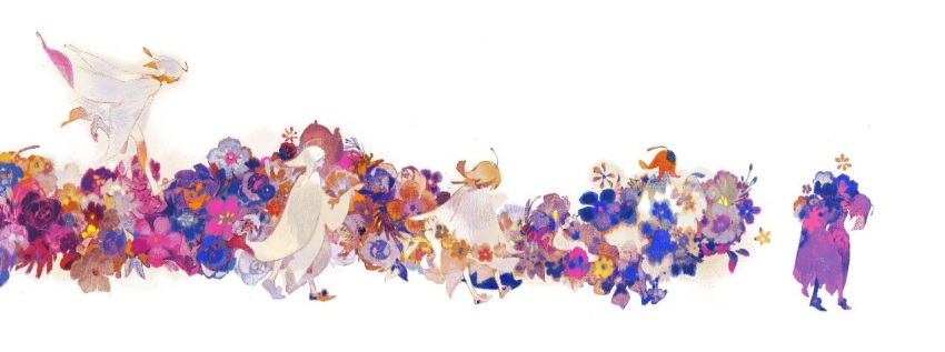 1girl age_progression autumn_leaves bangs blonde_hair blue_flower cathy_inaba cloak facing_away facing_down falling_leaves flower leaf leaf_clothing leaf_on_head leaning_forward minigirl multiple_views nature original personification pink_flower profile purple_hair red_flower redhead running shoes simple_background standing walking white_background white_cloak white_hair withered
