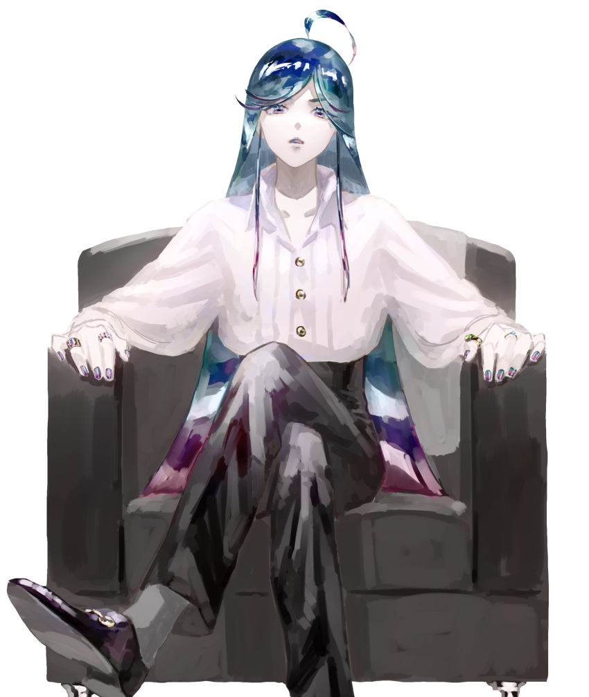 1other ahoge alexandrite_(houseki_no_kuni) androgynous bangs black_footwear buttons collared_shirt colored_skin couch crossed_legs dress_shirt facing_viewer formal ghost_to_human gradient_eyes gradient_hair high_collar highres houseki_no_kuni jewelry long_hair looking_at_viewer loose_clothes loose_shirt multicolored_eyes multicolored_hair nail_polish ring shiny shiny_hair shirt shoes sidelocks sitting solo swept_bangs white_skin