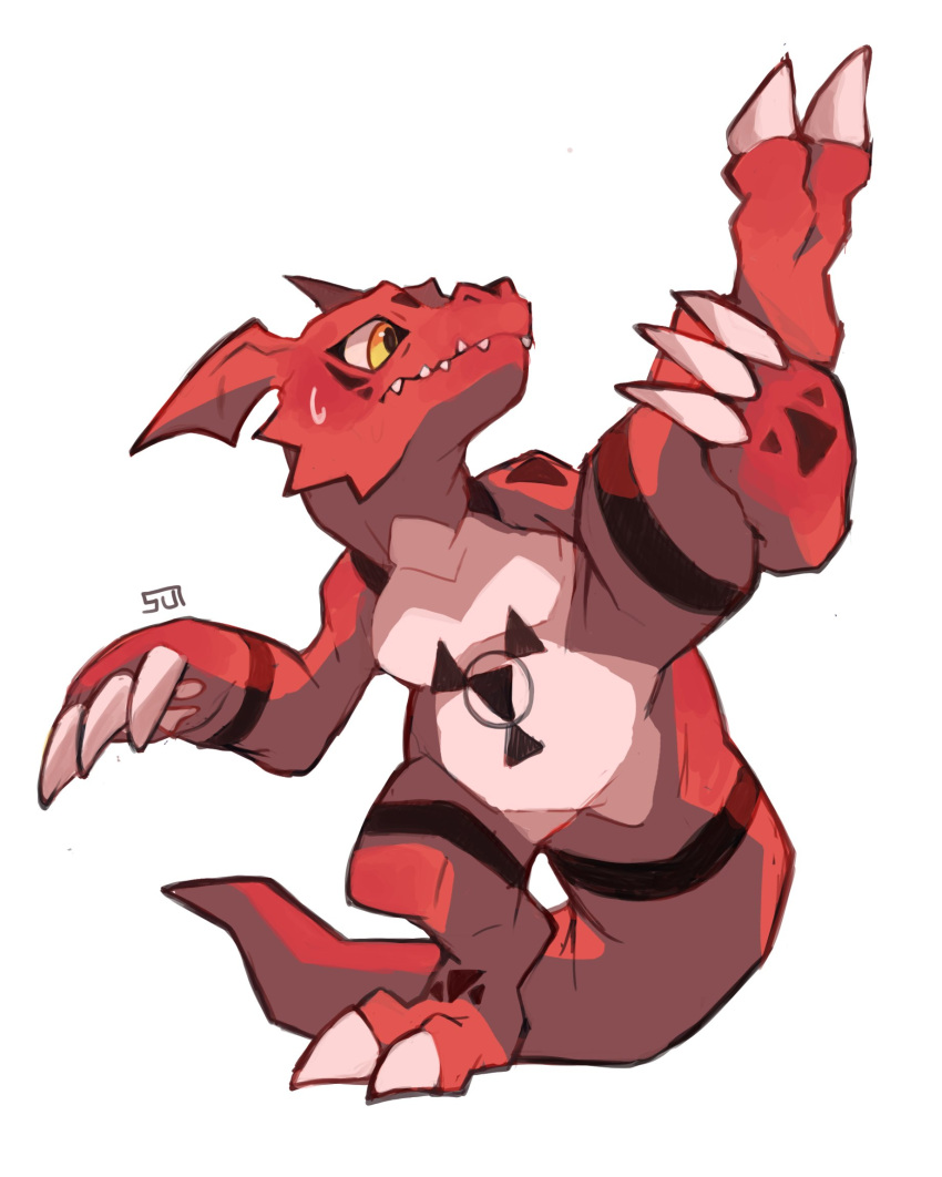 closed_mouth digimon digimon_(creature) digimon_tamers guilmon highres no_humans signature simple_background solo split standing standing_on_one_leg standing_split sui_(suizilla) white_background