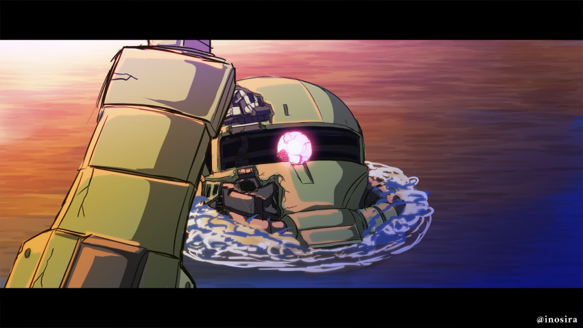 commentary_request glowing glowing_eye gundam inoshira letterboxed looking_up mecha mobile_suit mobile_suit_gundam mobile_suit_gundam:_cucuruz_doan's_island no_humans one-eyed partially_submerged pink_eyes science_fiction solo spoilers water zaku_ii