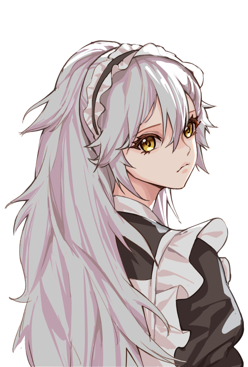 1girl back bangs closed_mouth danxing_aipangzi eyebrows_visible_through_hair from_side gepard_m1_(contracted_today)_(girls'_frontline) gepard_m1_(girls'_frontline) girls_frontline grey_hair highres long_hair looking_at_viewer maid maid_headdress official_alternate_costume solo upper_body very_long_hair white_background yellow_eyes