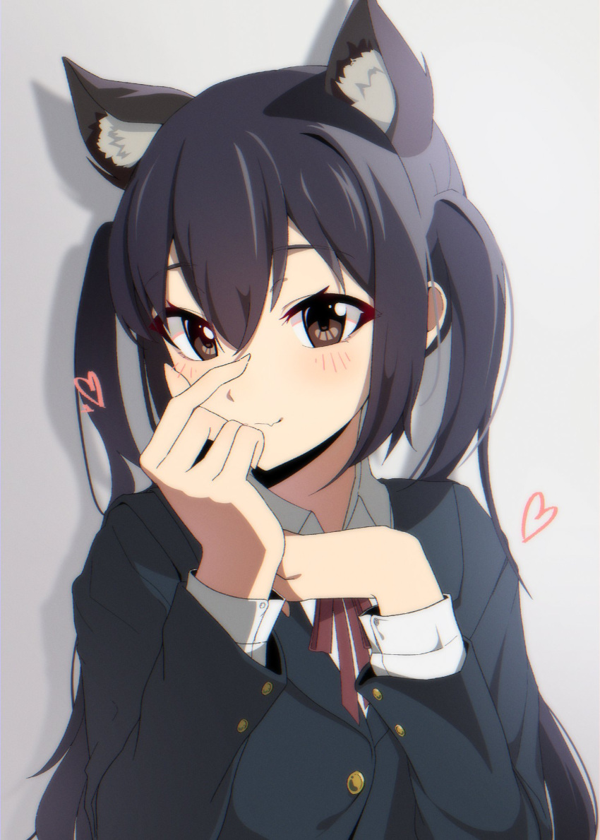 1girl animal_ears black_hair blazer blue_jacket blush brown_eyes cat_ears closed_mouth heart highres jacket k-on! long_hair long_sleeves nakano_azusa neck_ribbon red_ribbon ribbon sakuragaoka_high_school_uniform school_uniform shadow shirt smile solo twintails upper_body v_burger103 white_shirt