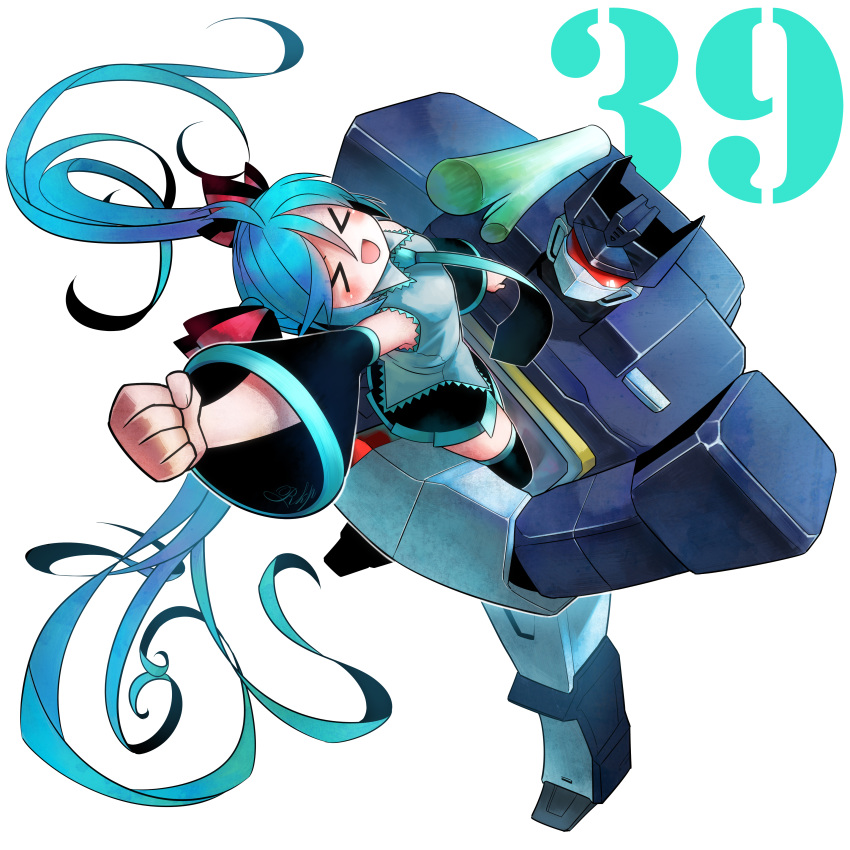 &gt;_&lt; 1girl 39 absurdres aqua_hair aqua_necktie bare_shoulders black_legwear black_skirt black_sleeves carrying carrying_person clenched_hand closed_eyes commentary crossover decepticon detached_sleeves foreshortening grey_shirt hair_ornament hair_ribbon hatsune_miku headphones highres long_hair mecha miniskirt necktie outstretched_arm pleated_skirt red_eyes ribbon rkp robot shirt skirt sleeveless sleeveless_shirt soundwave_(transformers) spring_onion standing striped striped_ribbon thigh-highs transformers twintails very_long_hair vocaloid white_background