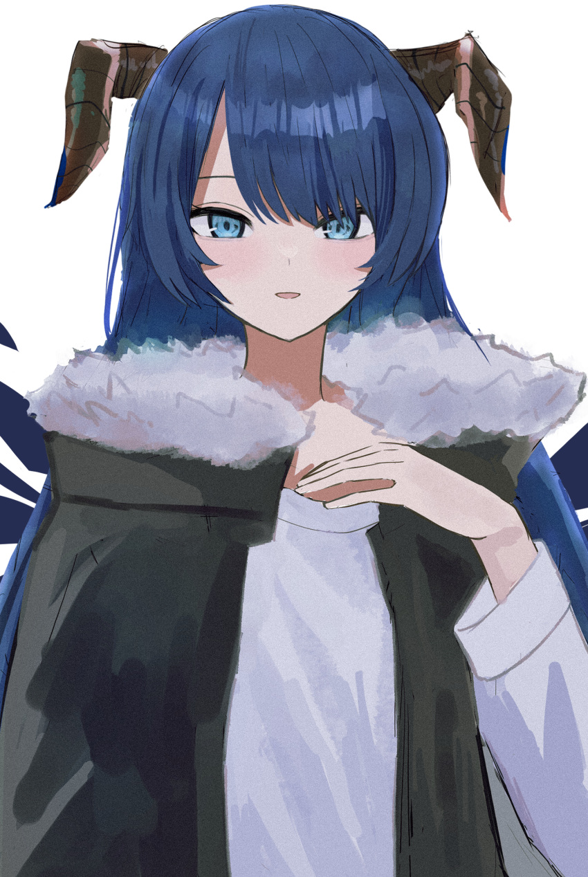 1girl arknights black_coat blue_eyes blue_hair coat eyebrows_behind_hair fur-trimmed_coat fur_trim hand_on_own_chest highres horns issei_draw long_hair long_sleeves mostima_(arknights) parted_lips shirt simple_background smile solo upper_body white_background white_shirt