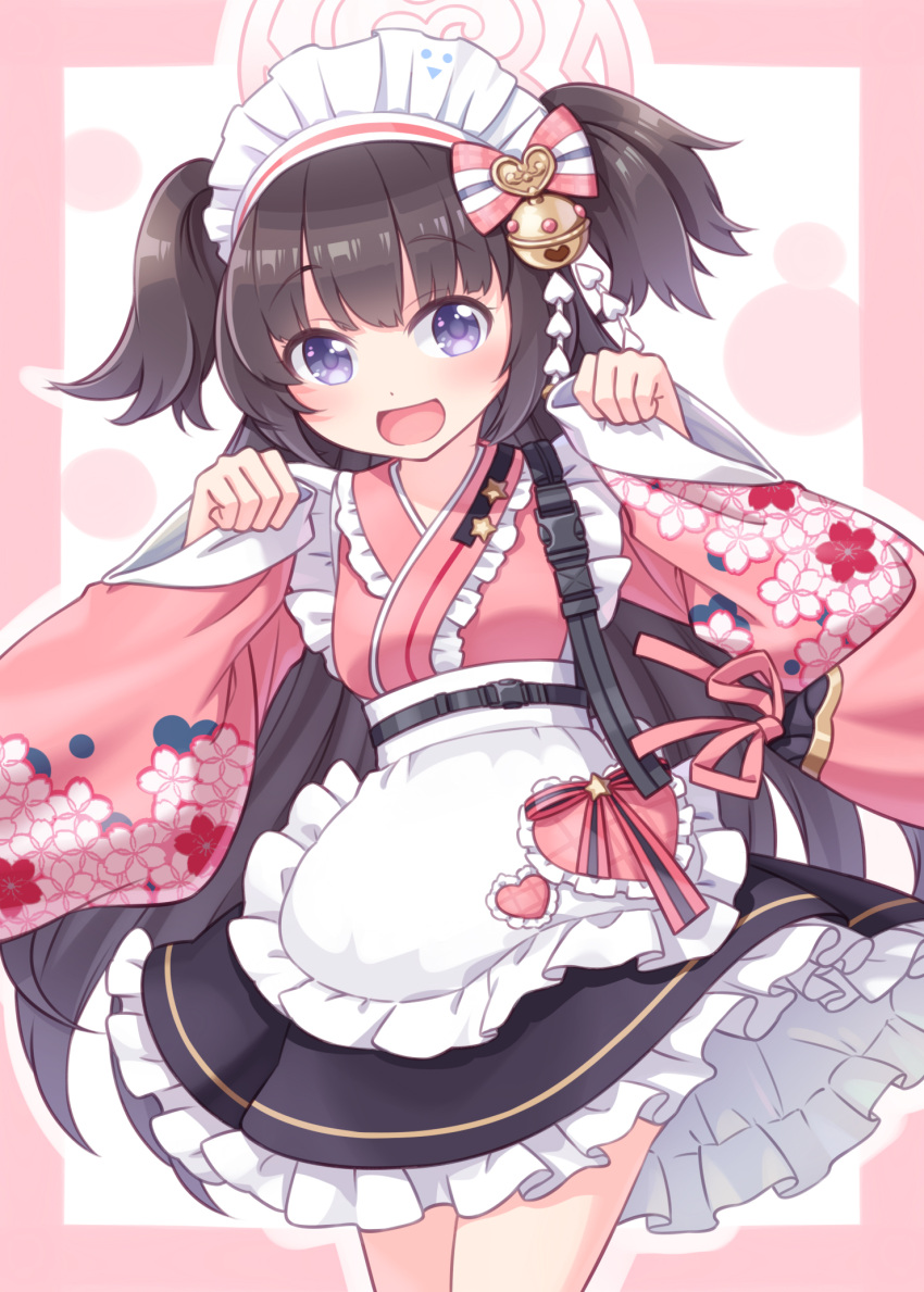 1girl :d apron bell black_hair black_skirt blue_archive bow breasts commentary_request floral_print frilled_apron frilled_kimono frilled_skirt frills hair_bell hair_bow hair_ornament halo hands_up harada_(sansei_rain) highres japanese_clothes jingle_bell kimono long_hair long_sleeves looking_at_viewer maid_headdress pinching_sleeves pink_kimono pleated_skirt print_kimono shizuko_(blue_archive) skirt sleeves_past_wrists small_breasts smile solo striped striped_bow two_side_up very_long_hair violet_eyes wa_maid white_apron wide_sleeves