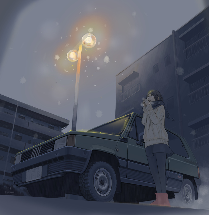 1girl ankle_boots apartment black_hair black_scarf boots breath building car commentary_request from_below ground_vehicle highres jettoburikku lamppost license_plate long_sleeves looking_up motor_vehicle original red_footwear scarf short_hair snow sweater watermark white_sweater winter