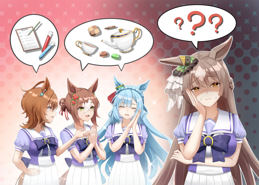 ? ?? agnes_tachyon_(umamusume) animal_ears annoyed blue_hair brown_hair closed_eyes fine_motion_(umamusume) gloom_(expression) green_eyes hair_ornament highres horse_ears horse_girl horse_tail long_hair looking_at_viewer mejiro_ardan_(umamusume) motsushi satono_diamond_(umamusume) school_uniform simple_background tail tracen_school_uniform umamusume