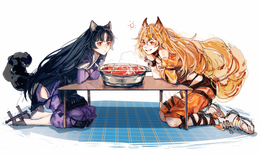 2girls :d :o animal_ears arknights arm_support bangs bead_bracelet beads black_eyes black_hair black_jacket black_legwear black_ribbon black_tank_top blush bracelet ceobe_(arknights) ceobe_(summer_flowers)_(arknights) cross-laced_footwear crossed_arms dog_ears dog_girl dog_tail food geta hair_between_eyes highres jacket jewelry juzuchongqianceng leaning_forward leg_ribbon long_hair long_sleeves looking_at_food multiple_girls open_mouth orange_eyes orange_hair orange_shorts pants parted_bangs puffy_pants purple_pants purple_shirt ribbon saga_(arknights) shirt shoes shorts smile table tail tank_top very_long_hair white_legwear