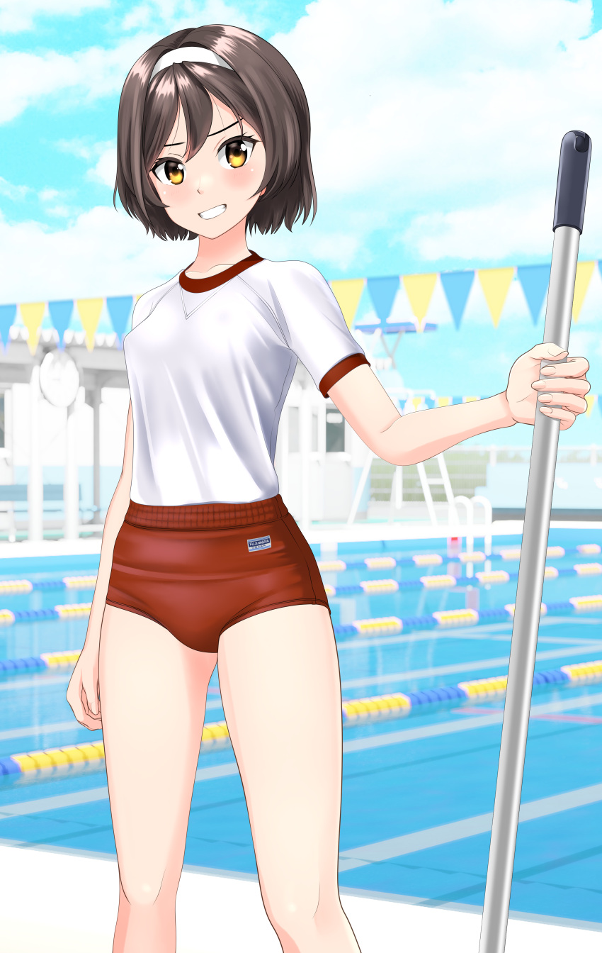 1girl absurdres black_hair blue_sky buruma clouds commentary_request cowboy_shot day fantia_commission feet_out_of_frame grin gym_shirt gym_uniform hairband highres kantai_collection lane_line looking_at_viewer mop outdoors pool red_buruma shirt short_hair sky smile solo string_of_flags t-shirt takafumi tanikaze_(kancolle) white_hairband white_shirt yellow_eyes