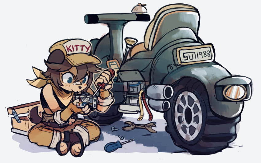 1girl animal_ears bandaid bandaid_on_face bandaid_on_nose blue_eyes blush brown_hair brown_headwear closed_mouth dog_ears dog_tail furry furry_female ground_vehicle hat highres holding holding_screwdriver indian_style mechanic motor_vehicle motorcycle original pants saki_(sui_(suizilla)) sandals screwdriver simple_background sitting solo sui_(suizilla) tail white_background yellow_pants