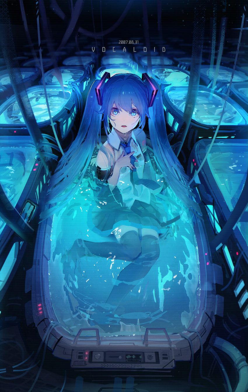 1girl absurdres aqua_eyes aqua_hair bangs bare_shoulders black_legwear blue_theme boots cable cardiogram commentary copyright_name detached_sleeves dripping hair_ornament hand_on_own_chest hatsune_miku highres idoukunn long_hair looking_at_viewer miniskirt necktie open_mouth partially_submerged pleated_skirt science_fiction shoulder_tattoo sitting skirt solo tattoo thigh-highs thigh_boots twintails vocaloid waking_up water wet wet_clothes wire zettai_ryouiki