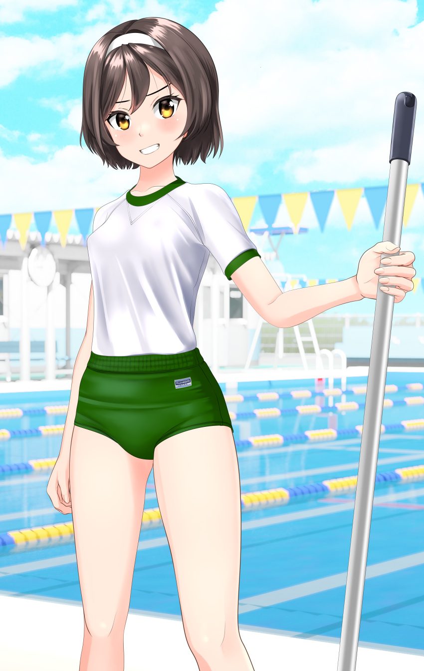 1girl absurdres black_hair blue_sky buruma clouds commentary_request cowboy_shot day fantia_commission feet_out_of_frame green_buruma grin gym_shirt gym_uniform hairband highres kantai_collection lane_line looking_at_viewer mop outdoors pool shirt short_hair sky smile solo string_of_flags t-shirt takafumi tanikaze_(kancolle) white_hairband white_shirt yellow_eyes