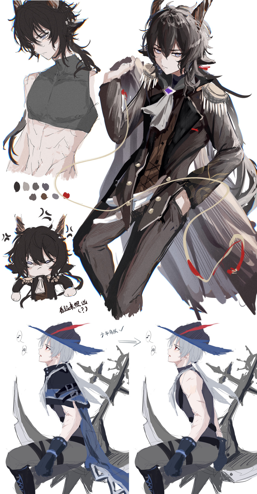2boys abs absurdres anger_vein animal_ears arknights bangs black_capelet black_hair black_headwear black_jacket black_pants black_shirt capelet chibi crop_top cropped_torso ebenholz_(arknights) epaulettes feet_out_of_frame from_side grey_eyes grey_hair grey_pants hair_between_eyes hand_in_pocket highres horns jacket long_hair long_sleeves looking_at_viewer male_focus midriff multiple_boys multiple_views pants scar scar_on_arm scythe shirt sitting sleeveless sleeveless_shirt stomach ulpianus_(arknights) upper_body weapon white_background zuo_daoxing
