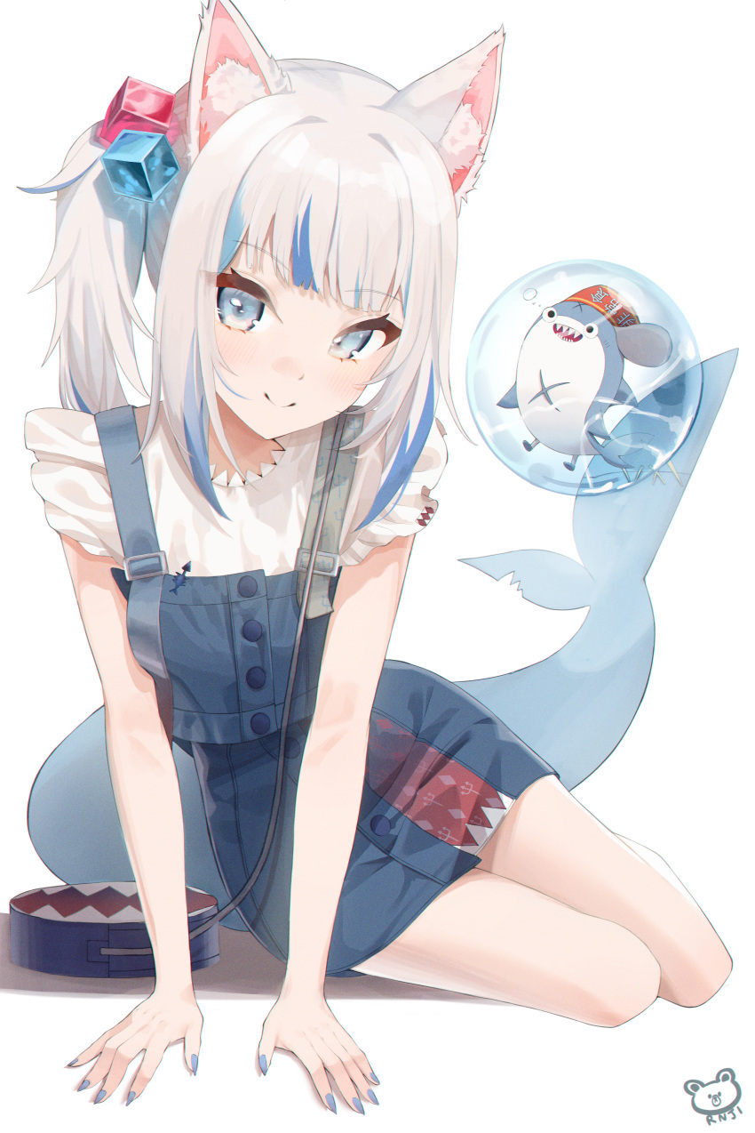 1girl absurdres animal_bag animal_ears arm_support artist_logo asymmetrical_hair bag bloop_(gawr_gura) blue_eyes blue_hair blue_nails blue_skirt blush breasts bubble buttons cat_ears closed_mouth commentary eyebrows_visible_through_hair fish_tail full_body gawr_gura hair_cubes hair_intakes hair_ornament handbag highres hololive hololive_english kemonomimi_mode legs legs_together lnji_(rnlwls34) looking_at_viewer medium_hair miniskirt multicolored_hair nail_polish official_alternate_costume overalls shark_bag shark_tail shirt side_ponytail signature simple_background sitting skirt sleeveless sleeveless_shirt small_breasts smile solo stitches streaked_hair tail two-tone_hair virtual_youtuber white_background white_hair white_shirt yokozuwari