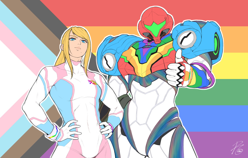 1girl arm_cannon bangs blonde_hair blue_eyes bodysuit breasts gun highres lgbt_pride long_hair looking_at_viewer metroid metroid_dread mole mole_under_mouth ponytail power_suit rainbow roviahc samus_aran skin_tight smile solo thumbs_up weapon zero_suit