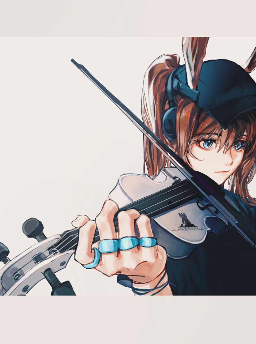 1girl amiya_(arknights) amiya_(newsgirl)_(arknights) animal_ears arknights black_headwear black_shirt blue_eyes brown_hair chinese_commentary closed_mouth commentary flat_cap hair_between_eyes hand_up hat highres holding holding_bow_(music) holding_instrument implied_extra_ears instrument jewelry juzuchongqianceng letterboxed light_smile looking_afar medium_hair music playing_instrument ponytail portrait rabbit_ears ring shirt solo violin