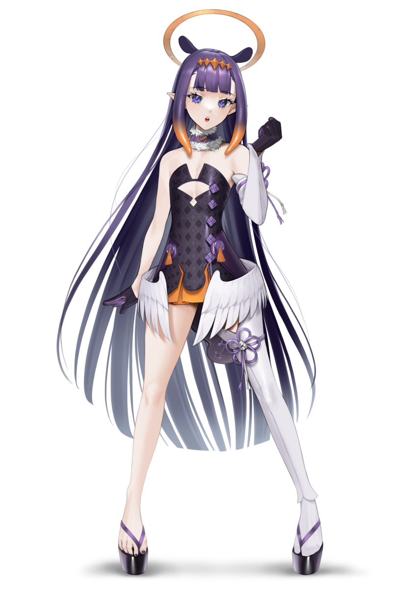 absurdres asymmetrical_legwear bare_shoulders black_dress black_gloves detached_sleeves dress flat_chest full_body gloves halo highres hololive hololive_english holomyth long_hair looking_at_viewer mole mole_under_eye ninomae_ina'nis norunollu open_mouth pointy_ears purple_hair sandals shadow simple_background single_thighhigh standing strapless strapless_dress thigh-highs very_long_hair violet_eyes virtual_youtuber white_background white_legwear white_sleeves