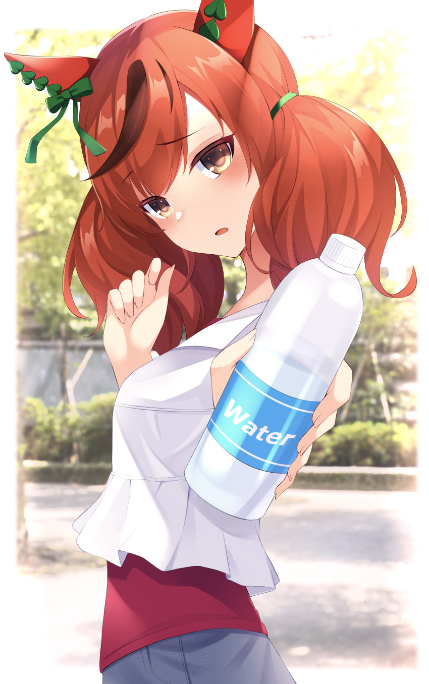 1girl absurdres alternate_costume animal_ears blush bottle breasts brown_eyes casual commentary_request decision5021 highres horse_ears horse_girl looking_at_viewer medium_breasts medium_hair nice_nature_(umamusume) open_mouth park redhead solo umamusume water_bottle