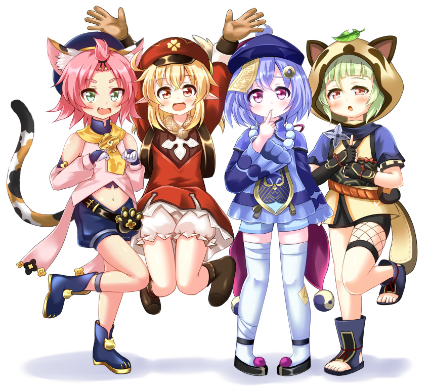 4girls :d animal_ears animal_print arms_up backpack bag bangs bangs_pinned_back bead_bracelet beads belt black_scarf bloomers blunt_bangs boots bracelet braid brown_footwear brown_gloves brown_scarf cabbie_hat cat_ears cat_girl cat_print cat_tail chinese_clothes clover_print coat coin_hair_ornament commentary_request detached_sleeves diona_(genshin_impact) eyebrows_visible_through_hair fake_animal_ears fake_tail fishnets forehead full_body genshin_impact gloves green_hair grey_hair hair_between_eyes hair_ribbon hat hat_feather hat_ornament highres jewelry jiangshi jumping klee_(genshin_impact) knee_boots kneehighs kuji-in leaf leaf_on_head light_brown_hair long_hair long_sleeves looking_at_viewer low_ponytail low_twintails midriff multiple_girls navel ofuda orange_eyes parted_lips paw_pose paw_print pink_hair pocket purple_hair qing_guanmao qiqi_(genshin_impact) raccoon_ears raccoon_hood raccoon_tail red_coat red_eyes red_headwear rena_(riries) ribbon sayu_(genshin_impact) scarf short_hair short_sleeves shuriken sidelocks single_braid smile standing standing_on_one_leg tail thick_eyebrows toeless_footwear twintails underwear violet_eyes weapon white_background white_legwear