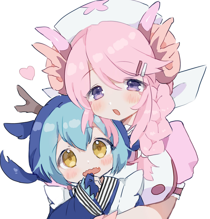 2girls blush dragon_girl dragon_horns duel_monster hair_between_eyes hair_ornament hairclip hat heart highres holding_person horns laundry_dragonmaid looking_at_viewer maid multicolored_hair multiple_girls nurse_cap nurse_dragonmaid open_mouth pink_hair rr_ffb simple_background violet_eyes white_background yellow_eyes yu-gi-oh!
