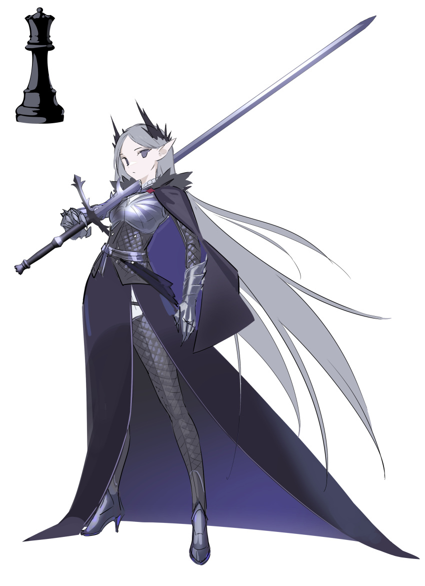 1girl absurdres armor breastplate cape chess_piece closed_mouth contrapposto crown full_body grey_hair high_heels highres holding holding_sword holding_weapon long_hair long_skirt long_sword looking_at_viewer milim_nova original over_shoulder personification pointy_ears purple_cape purple_skirt rook_(chess) simple_background skirt solo standing sword thigh-highs two-sided_cape two-sided_fabric very_long_hair violet_eyes weapon weapon_over_shoulder white_background zweihander