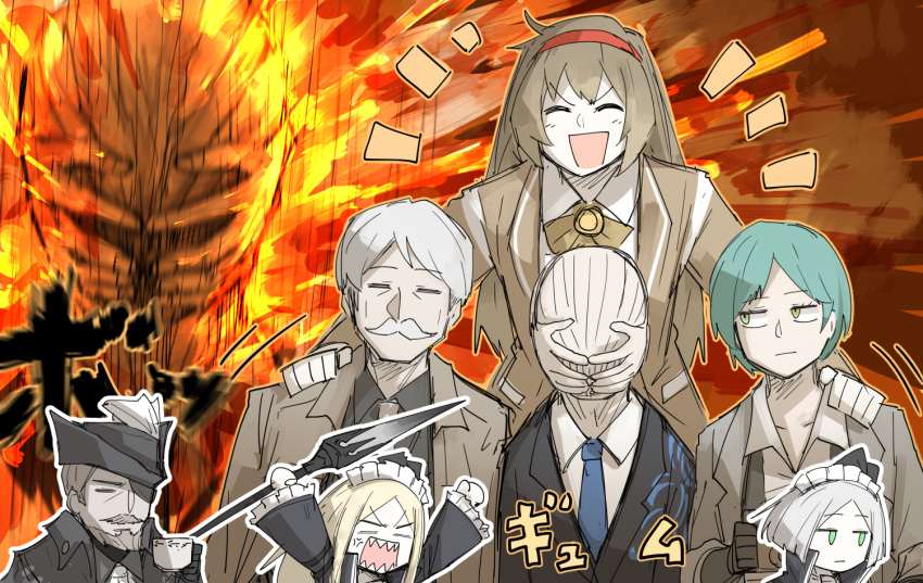 3boys 4girls ascot bad_id bad_pixiv_id beard blonde_hair brown_hair closed_eyes coat cup expressionless faceless facial_hair fire formal frilled_sleeves frills furrowed_brow hairband hat holding holding_polearm holding_weapon kan_(aaaaari35) laughing library_of_ruina long_hair long_sleeves looking_to_the_side malkuth_(project_moon) multiple_boys multiple_girls mustache old old_man open_mouth oscar_(library_of_ruina) pamela_(library_of_ruina) pameli_(library_of_ruina) polearm project_moon salvador_(library_of_ruina) short_hair sketch smile spoilers square_mouth suit teacup the_crying_children weapon white_hair yuna_(library_of_ruina)