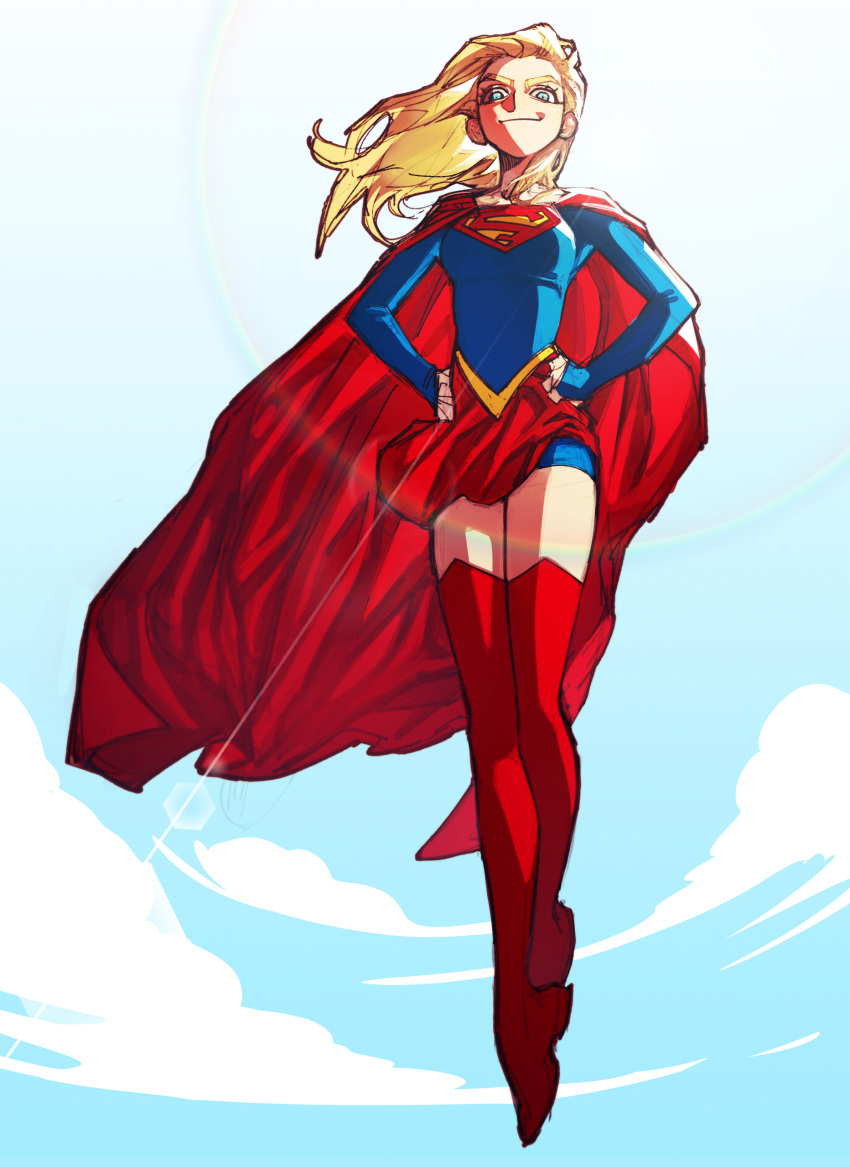 1girl absurdres blonde_hair blue_eyes blue_sky cape clouds dc_comics full_body hands_on_hips highres long_hair long_sleeves looking_at_viewer ratsays_squeak red_cape red_footwear sky smile solo supergirl superhero superman_(series) thigh-highs