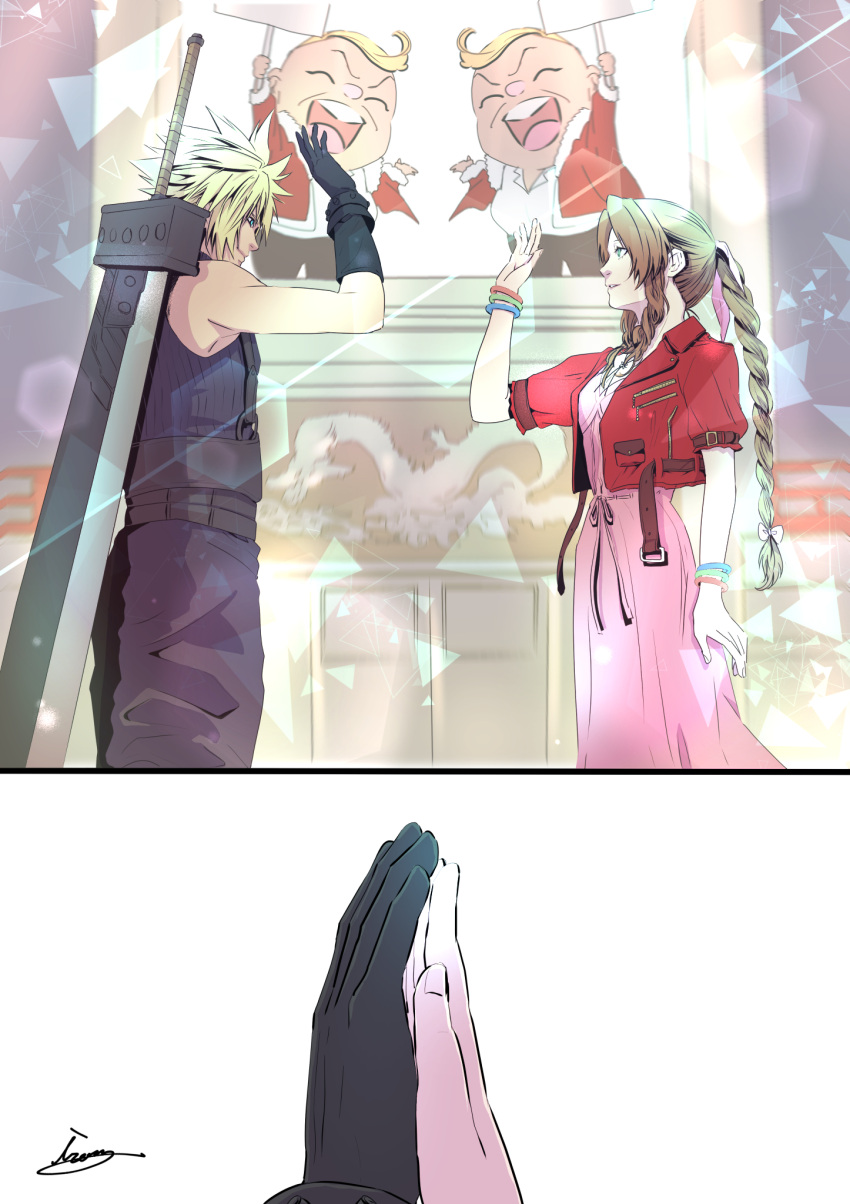 1girl 2boys aerith_gainsborough bangs belt blonde_hair blue_eyes blue_pants blue_shirt bracelet braid braided_ponytail breasts buster_shirt chibi closed_eyes cloud_strife cropped_jacket don_corneo dragon dress final_fantasy final_fantasy_vii final_fantasy_vii_remake fur_trim gloves green_eyes hair_between_eyes hair_ribbon high_five highres holding holding_sign jacket jewelry long_dress long_hair medium_breasts moriiiiiiiiiinn multiple_belts multiple_boys open_mouth pants parted_bangs parted_lips pink_dress red_jacket ribbon shirt short_hair short_sleeves sidelocks sign sleeveless sleeveless_turtleneck smile spiky_hair suspenders teeth turtleneck upper_body upper_teeth wavy_hair weapon weapon_on_back white_shirt