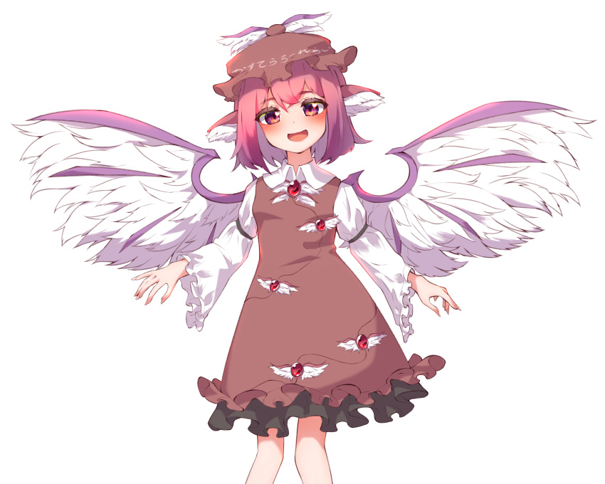 1girl :d animal_ears bangs bird_ears bird_wings blush brown_dress dress earrings eyebrows_visible_through_hair feathered_wings feet_out_of_frame fingernails frilled_sleeves frills gumi_9357 hat head_tilt highres jewelry long_fingernails long_sleeves looking_at_viewer mob_cap mystia_lorelei open_mouth pink_hair sharp_fingernails short_hair simple_background single_earring smile solo touhou upper_body white_background wide_sleeves wings