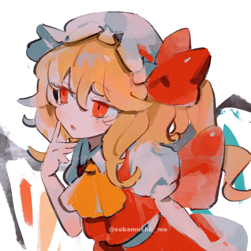 1girl ascot blonde_hair bow crystal fang flandre_scarlet hand_on_own_cheek hand_on_own_face hat hat_bow highres medium_hair mob_cap one_side_up open_mouth painting_(medium) pillow_hat ponytail puffy_short_sleeves puffy_sleeves red_bow red_eyes red_skirt red_vest short_sleeves side_ponytail simple_background skirt sobamushi_mo solo touhou traditional_media vest white_background white_skirt wings yellow_ascot