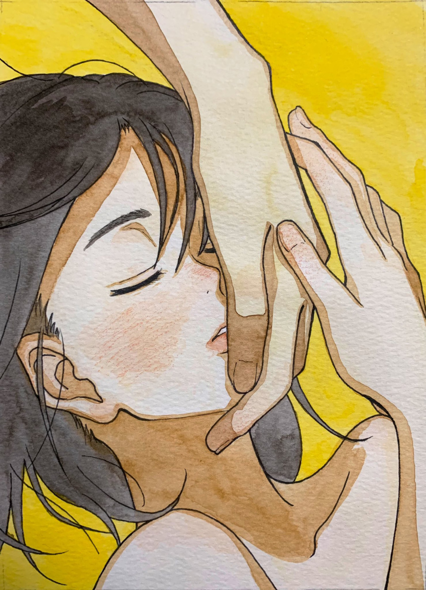 1boy 1girl black_hair blush closed_eyes collarbone fingernails hand_on_another's_face highres medium_hair nanase774938 nude original painting_(medium) parted_lips pink_lips simple_background solo_focus traditional_media upper_body watercolor_(medium) yellow_background
