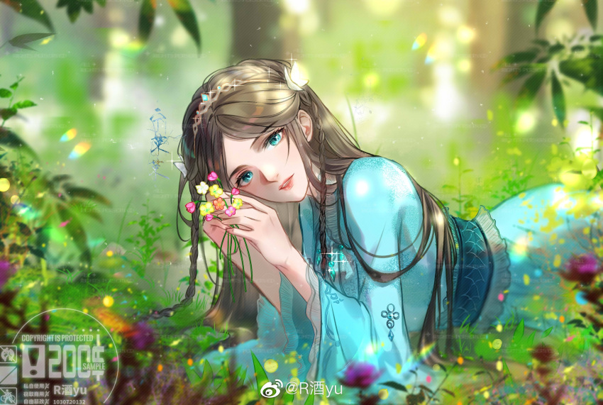 1girl blue_dress blurry blurry_background braid brown_hair douluo_dalu dress flower grass hair_ornament highres long_hair looking_at_viewer lying ning_rongrong_(douluo_dalu) on_side open_mouth r_jiu_yu solo teeth upper_body vegetation