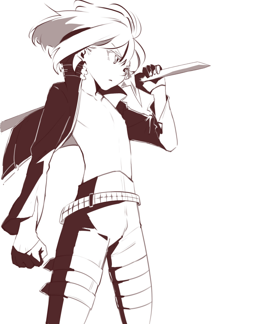 1boy aus_vaka belt black_jacket clenched_hand gloves greyscale highres holding holding_sword holding_weapon jacket lio_fotia male_focus monochrome nipples promare short_hair sidelocks simple_background solo standing sword topless_male weapon white_background